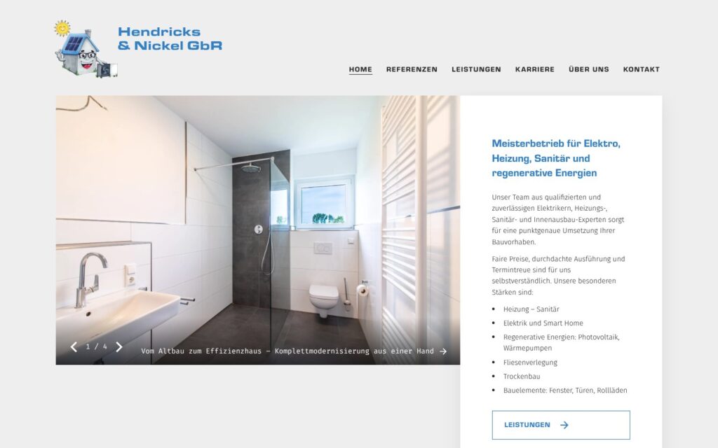 Startseite von hendricks-nickel.de: großes Foto eines modernen Bads mit Glasdusche, daneben die Vorstellung als Meisterbetrieb für Elektro, Heizung, Sanitär und regenerative Energien.