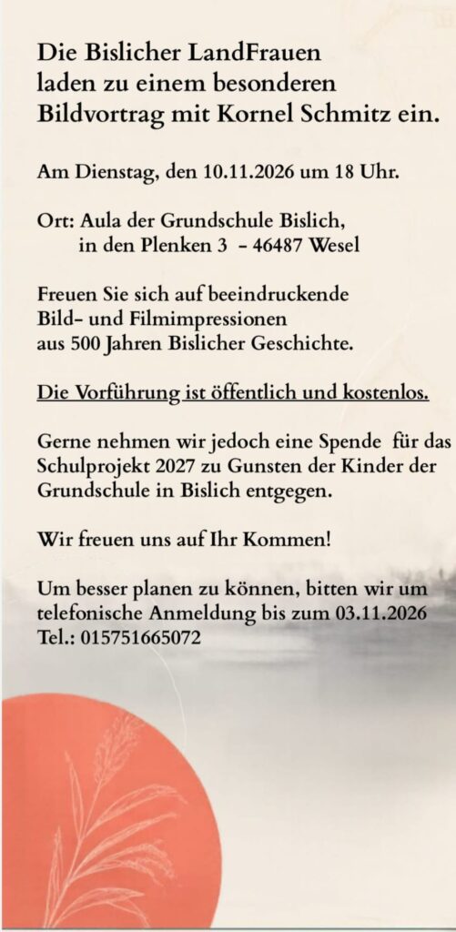 Ein Einladungsschreiben für einen Bildvortrag über 500 Jahre Bislicher Geschichte am 10.11.2026 in der Grundschule Bislich.