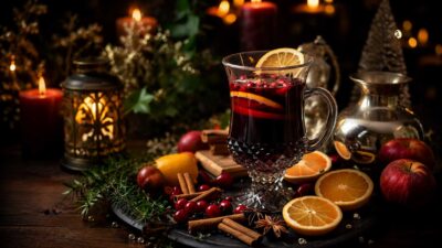 Glühweintasse auf einem weihnachtlich dekorierten Tisch