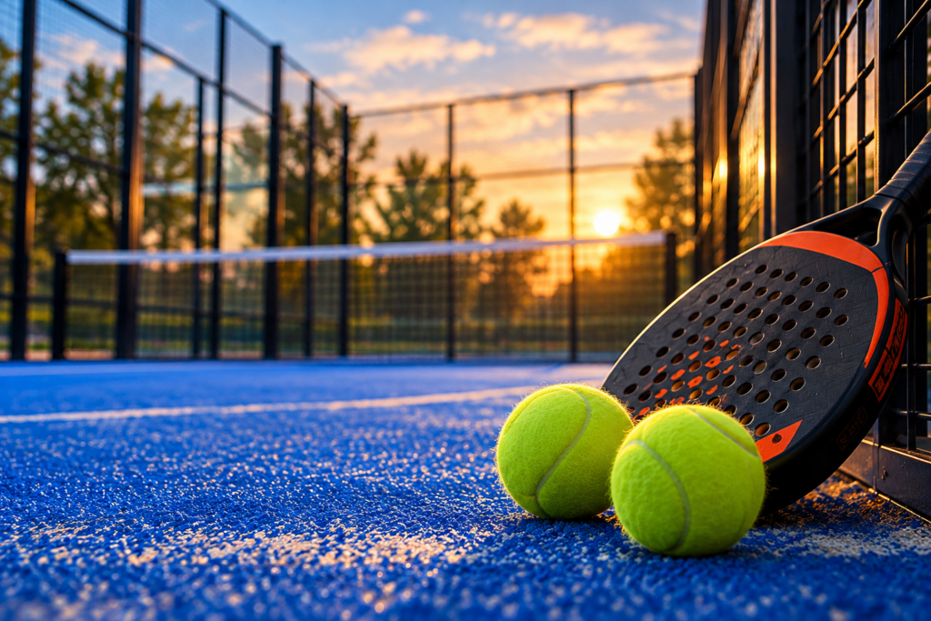 Ein Padel-Schläger liegt neben zwei Tennisbällen auf einem blauen Platz bei Sonnenuntergang.