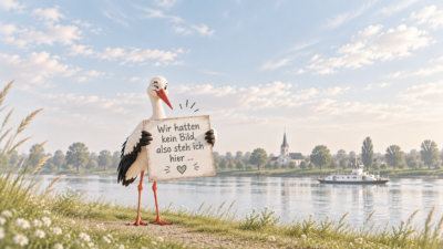 Ein lebendiger Storch hält ein Schild mit dem Text in einer Idylle am Fluss mit einer Kirche im Hintergrund.