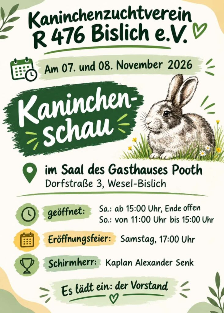 Eine Einladung zur Kaninchenschau des Kaninchenzuchtvereins Bislich e.V. am 07. und 08. November 2026.