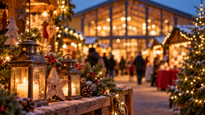 Beleuchtete Weihnachtsmarktstände mit Tannen und Lichtern vor einem festlich geschmückten Gebäude im Abenddunkel.