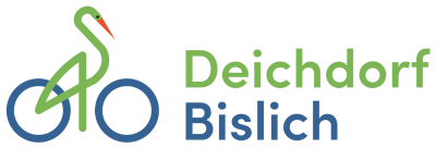 Das Logo des Deichdorfers. Ein stilisierter Storch auf dem Fahrrad neben dem Text Deichdorf Bislich.