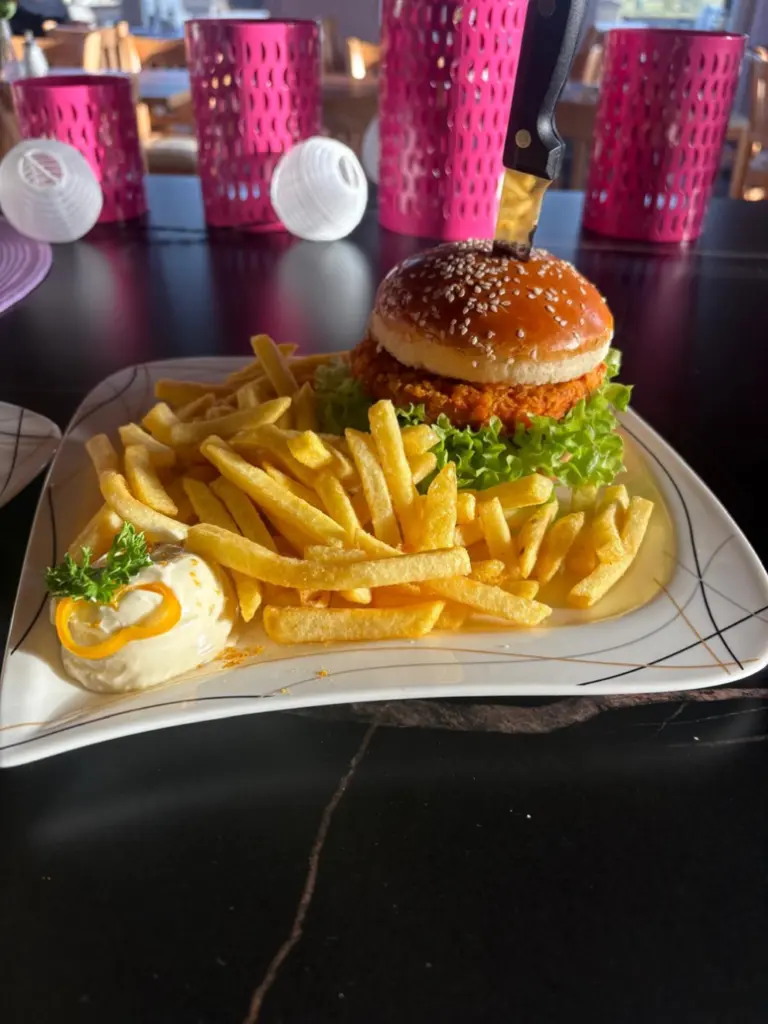 Ein Teller mit einem hamburger, frittierten Kartoffeln und einer Portion Mayonnaise, dekoriert mit Salat und einer Zitrone.
